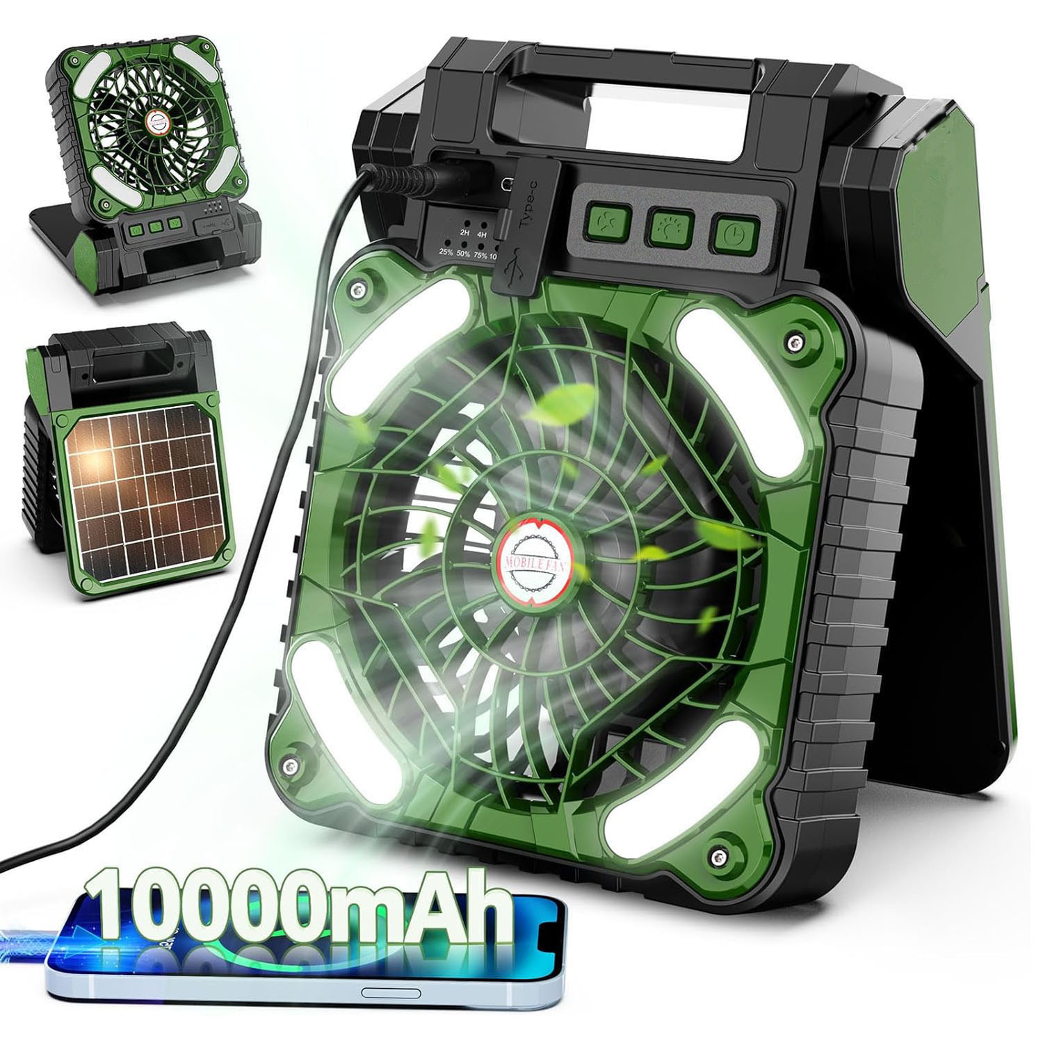 Renewable Energy Fan - 10000mAh Solar Powered Portable Camping LED